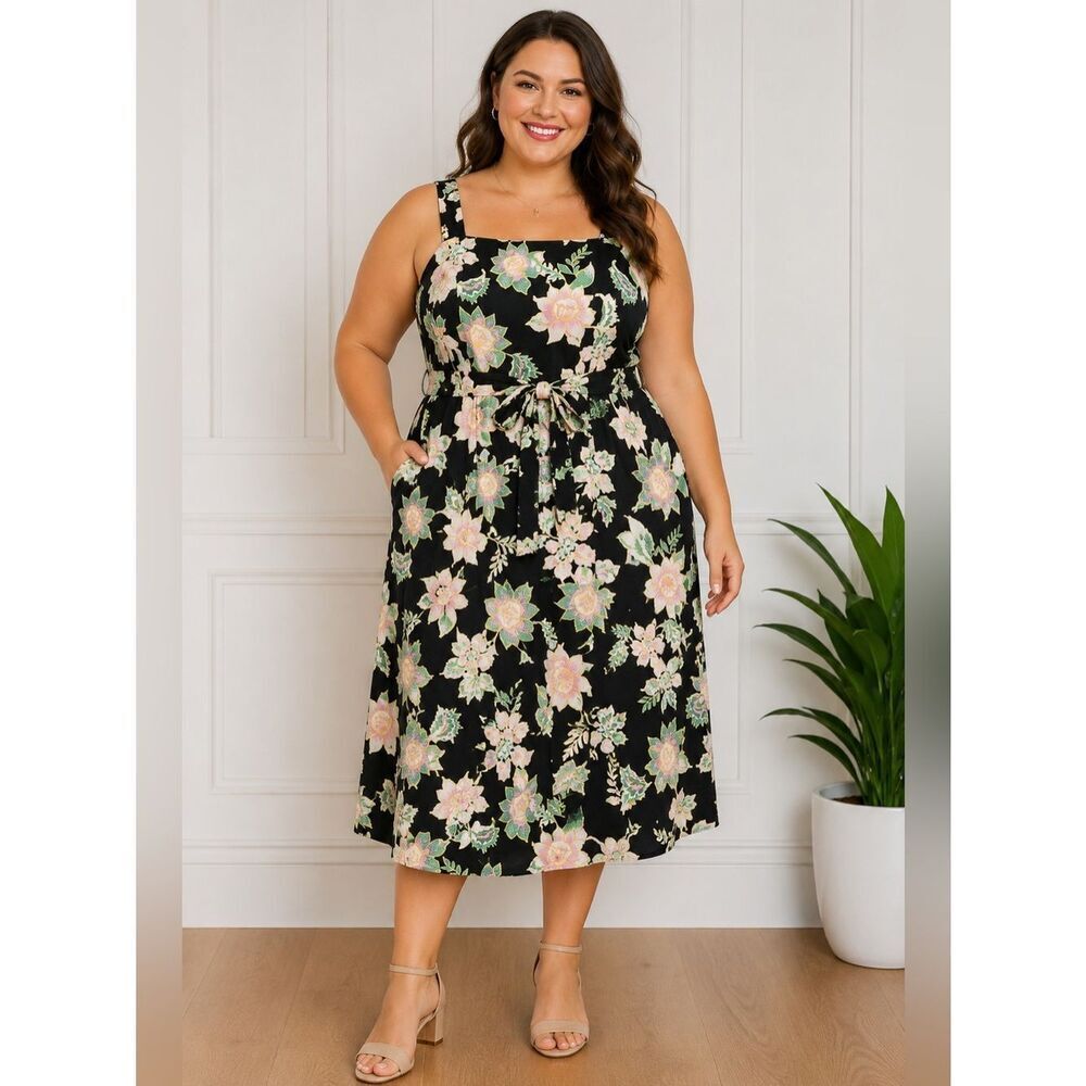 Love for Humanity Black Pink Floral Belted Flare Pinafore Midi Dress Black XXL